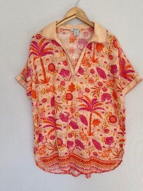HAUTE HIPPIE Women’s Large Orange, Purple & Tan Tropical Print Tunic Top